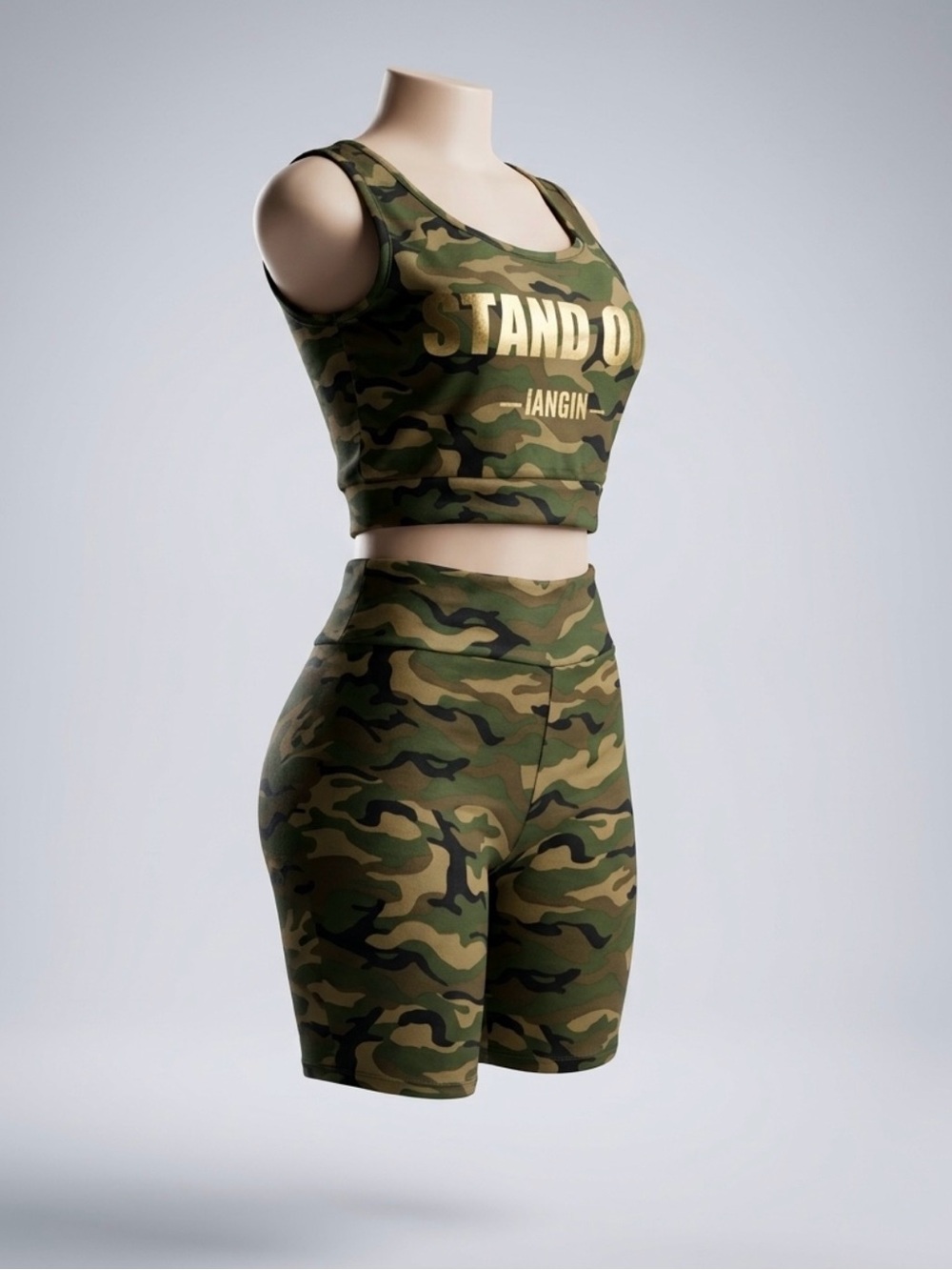 Camo Active Crop Tank & Biker Shorts Set - Olive Green
